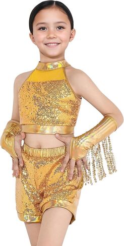Happy Cherry Girls Sequin مع شورتات مع أدوات ذراع الشرابة للفتيات ديسكو للملابس اللامعة الأداء المعدني 3-12T in Saudi Arabia