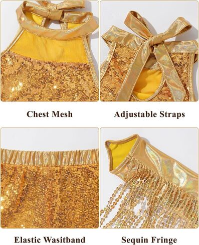 Happy Cherry Girls Sequin مع شورتات مع أدوات ذراع الشرابة للفتيات ديسكو للملابس اللامعة الأداء المعدني 3-12T in Saudi Arabia