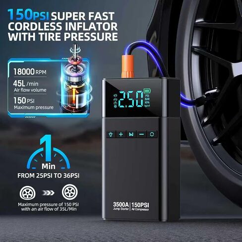 10-in-1 Car Battery Jump Starter with Air Compressor, 3500A 21800mAh Portable Car Jumper Starter (All Gas 12L Diesel), 150PSI 12V Jump Box Car Battery Jump Starter with Jumper Cables, Lights in Saudi Arabia