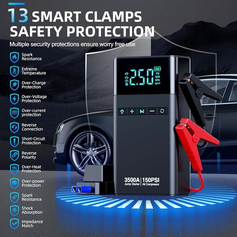 10-in-1 Car Battery Jump Starter with Air Compressor, 3500A 21800mAh Portable Car Jumper Starter (All Gas 12L Diesel), 150PSI 12V Jump Box Car Battery Jump Starter with Jumper Cables, Lights in Saudi Arabia