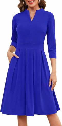 Zattcas Women 3/4 Sleeve Vneck Fall Dress Business Casual Work Teacher Church Modest Pleated Midi Dress with Pockets in Kuwait