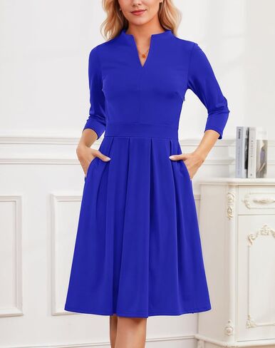 Zattcas Women 3/4 Sleeve Vneck Fall Dress Business Casual Work Teacher Church Modest Pleated Midi Dress with Pockets in Kuwait
