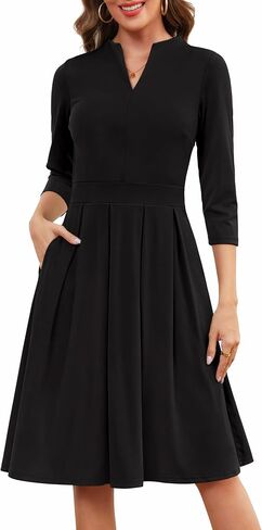Zattcas Women 3/4 Sleeve Vneck Fall Dress Business Casual Work Teacher Church Modest Pleated Midi Dress with Pockets in Kuwait
