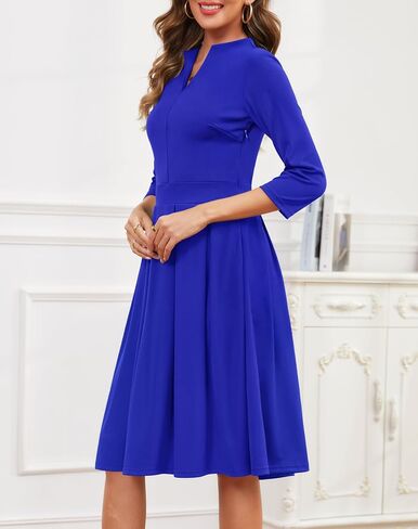 Zattcas Women 3/4 Sleeve Vneck Fall Dress Business Casual Work Teacher Church Modest Pleated Midi Dress with Pockets in Kuwait