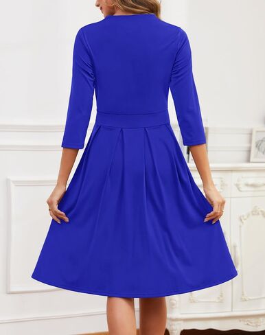 Zattcas Women 3/4 Sleeve Vneck Fall Dress Business Casual Work Teacher Church Modest Pleated Midi Dress with Pockets in Kuwait