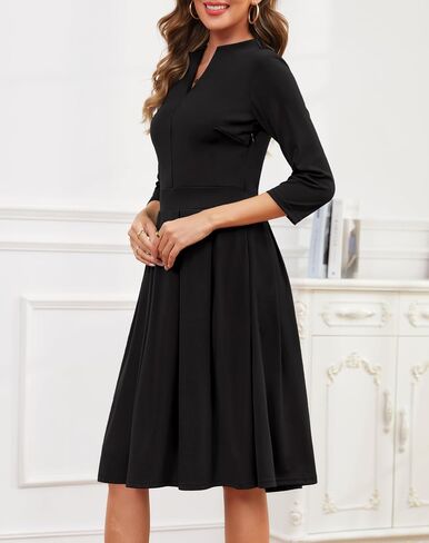Zattcas Women 3/4 Sleeve Vneck Fall Dress Business Casual Work Teacher Church Modest Pleated Midi Dress with Pockets in Kuwait