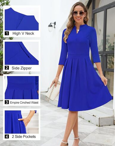 Zattcas Women 3/4 Sleeve Vneck Fall Dress Business Casual Work Teacher Church Modest Pleated Midi Dress with Pockets in Kuwait
