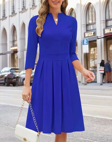 Zattcas Women 3/4 Sleeve Vneck Fall Dress Business Casual Work Teacher Church Modest Pleated Midi Dress with Pockets in Kuwait