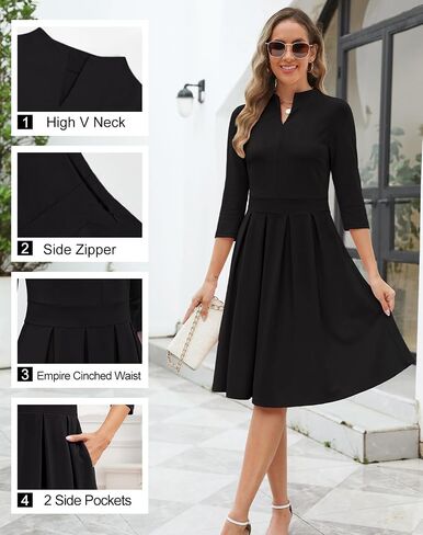 Zattcas Women 3/4 Sleeve Vneck Fall Dress Business Casual Work Teacher Church Modest Pleated Midi Dress with Pockets in Kuwait