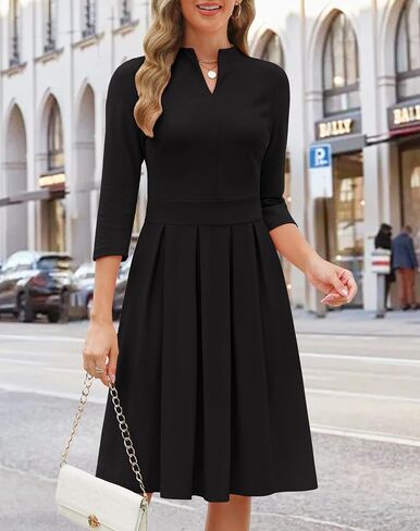 Zattcas Women 3/4 Sleeve Vneck Fall Dress Business Casual Work Teacher Church Modest Pleated Midi Dress with Pockets in Kuwait