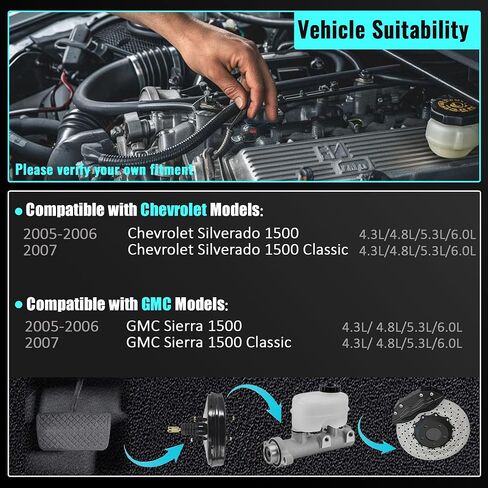 PartsFlow 54-74829 Power Brake Booster compatible with Chevrolet Silverado 1500 2005-2006 1500 Classic 2007 GMC Sierra 1500 2005-2006 5.3L 4.3L 4.8L 6.0L without Master Cylinder in Saudi Arabia