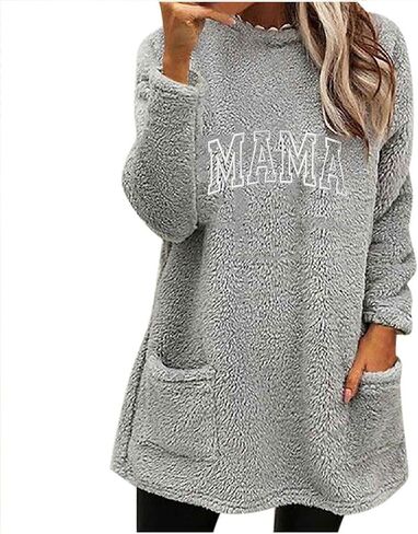 Mama Fleece Pullover for Women Fuzzy Sherpa Sweatshirts Letter Print Long Sleeve Fall Winter Lounge Tops with Pocket in Saudi Arabia