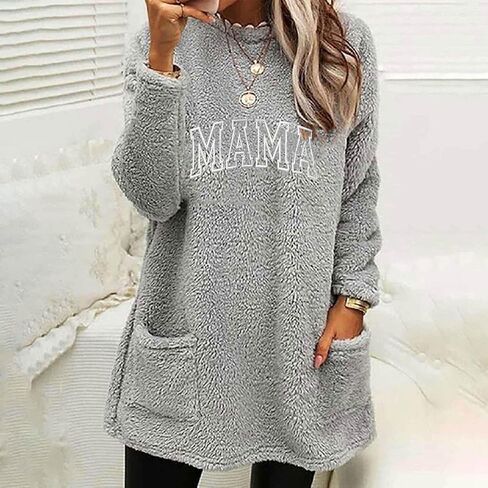 Mama Fleece Pullover for Women Fuzzy Sherpa Sweatshirts Letter Print Long Sleeve Fall Winter Lounge Tops with Pocket in Saudi Arabia