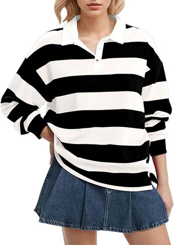 Sweatshirt for Women Color Block Collared Button V Neck Fall Long Sleeve Tunic Tops Casual Loose Pullover Shirts in Saudi Arabia