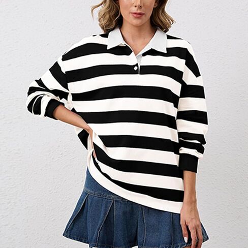 Sweatshirt for Women Color Block Collared Button V Neck Fall Long Sleeve Tunic Tops Casual Loose Pullover Shirts in Saudi Arabia