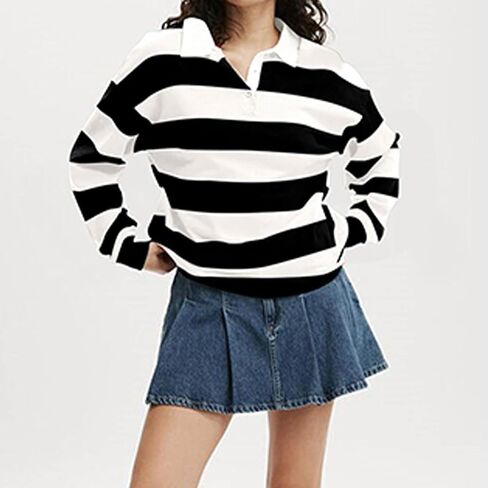 Sweatshirt for Women Color Block Collared Button V Neck Fall Long Sleeve Tunic Tops Casual Loose Pullover Shirts in Saudi Arabia