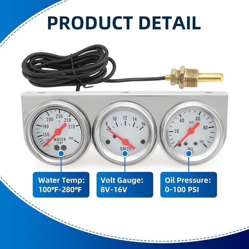 2inch 52mm Triple Gauge Set, Oil Pressure Gauge (0-100PSI) +Water Temperature (100°F-280°F) +Voltmeter 8-16V Automotive Car Auto 3 gauges Cluster kit Black in Saudi Arabia