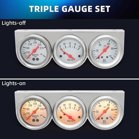 2inch 52mm Triple Gauge Set, Oil Pressure Gauge (0-100PSI) +Water Temperature (100°F-280°F) +Voltmeter 8-16V Automotive Car Auto 3 gauges Cluster kit Black in Saudi Arabia