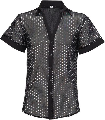 قميص الترتر الرجالي شبكة انظر من خلال Disco 70s Dancing Party Club Button Down Short Sleeve Glitter Top in Kuwait