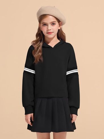 Haloumoning Girls Fashion Hoodies Kids Cute مخطط طويل الأكمام قمم محصول محصول مقنعين من 5-14 سنة in Saudi Arabia