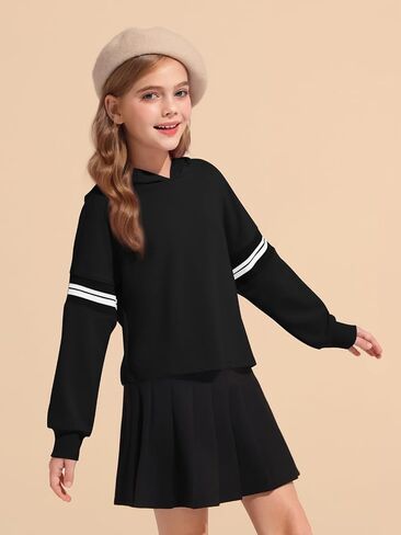 Haloumoning Girls Fashion Hoodies Kids Cute مخطط طويل الأكمام قمم محصول محصول مقنعين من 5-14 سنة in Saudi Arabia