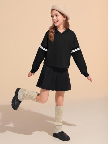 Haloumoning Girls Fashion Hoodies Kids Cute مخطط طويل الأكمام قمم محصول محصول مقنعين من 5-14 سنة in Saudi Arabia