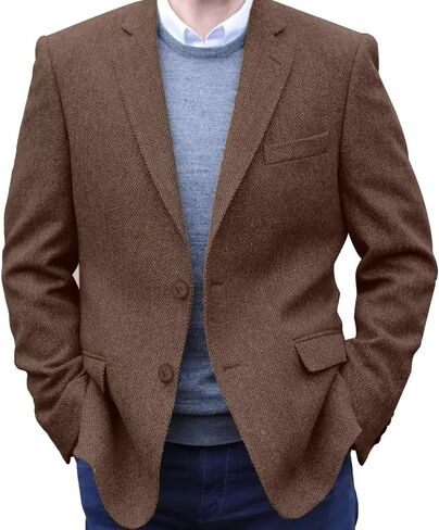 Men's Tweed Blazer Jacket 2 Button Lightweight Herringbone Casual Sport Coat Wedding Groomsmen Prom Jackets in Saudi Arabia