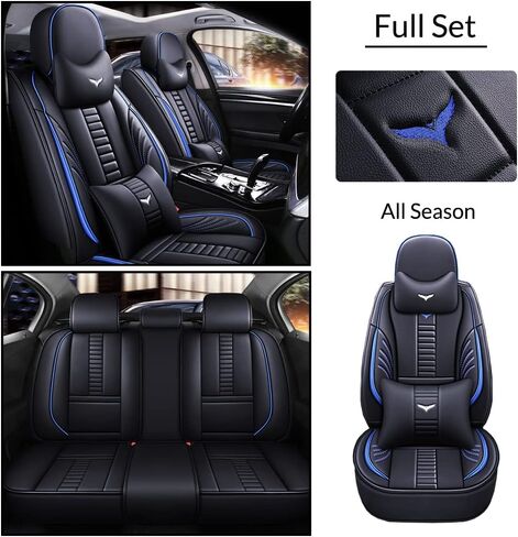 Full Set of Universal Fit Automotive Seat Covers fit for Lincoln 1999-2025 95% Models, PU Leather Automobile Interior Sets with Headrest & Back Pillow Black & Blue Line in Kuwait