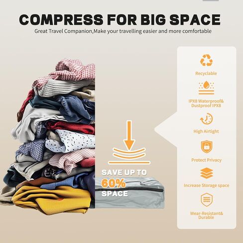 Reusable Vacuum Bags for Travel With Pump,Professional Waterproof IPX8 Vacuum Compression Bag for Suitcases Backpack,Space Saver Bags Packing Organizers for Clothing Packing(2PACK+PUMP) in Saudi Arabia
