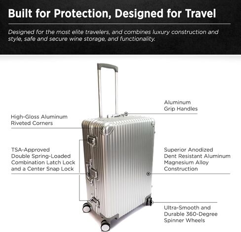 VinGardeValise® VinAluminum Wine Travel Suitcase - 12-Bottle Aluminum Luggage with TSA Lock, Shockproof Foam Inserts, Spinner Wheels, Hard Shell, Airline Approved in Saudi Arabia