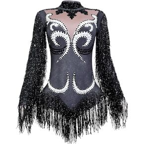 Gogo Sparkly Pearl Long Sleeves Fringe Women Bodysuit Birthday Celebrate Performan in Kuwait