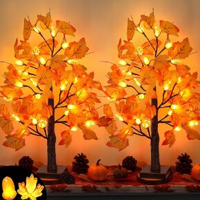 2 Pack 24 Inch Prelit Fall Maple Tree Fall Decorations for Home with 48 LEDs Battery Operated Timer Lighted Acorn Maple Tabletop Light Up Tree for Office Fall Decor Thanksgiving Decorations Indoor in Kuwait