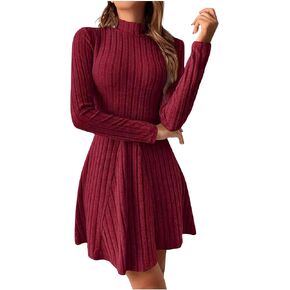 Mock Neck Sweater Dresses Women Long Sleeve Ribbed Knit Bodycon A Line Mini Dress Pullover Fall Lightweight Outfits in Saudi Arabia
