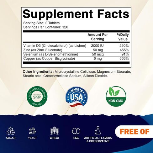 النحاس الفيتاني bisglycinate 6 ملغ مصنوع من فيتامين D3 2000 IU ، الزنك 50mg ، السيلينيوم 50mcg - 240 قرصًا - غير محدٍ وخالي من الغلوتين in Saudi Arabia