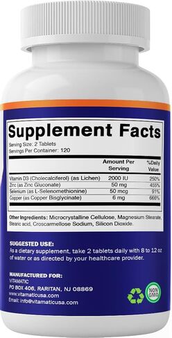 النحاس الفيتاني bisglycinate 6 ملغ مصنوع من فيتامين D3 2000 IU ، الزنك 50mg ، السيلينيوم 50mcg - 240 قرصًا - غير محدٍ وخالي من الغلوتين in Saudi Arabia