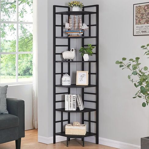 HOMISSUE Corner Shelf, 6 Tier Tall Narrow Bookshelf 76.9", Industrial Corner Bookcase with Storage for Home Office Living Room and Bedroom, Black in Saudi Arabia