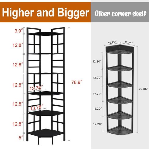 HOMISSUE Corner Shelf, 6 Tier Tall Narrow Bookshelf 76.9", Industrial Corner Bookcase with Storage for Home Office Living Room and Bedroom, Black in Saudi Arabia