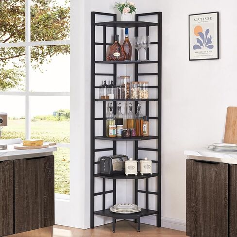 HOMISSUE Corner Shelf, 6 Tier Tall Narrow Bookshelf 76.9", Industrial Corner Bookcase with Storage for Home Office Living Room and Bedroom, Black in Saudi Arabia