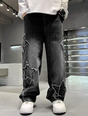 Happy Cherry Boys Borgy Star Denim Pants تسحب الجينز المرن على عريض الساق جينز شحن خمر مع جيوب in Kuwait