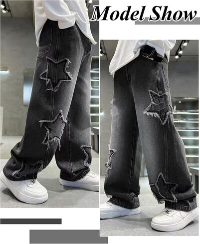 Happy Cherry Boys Borgy Star Denim Pants تسحب الجينز المرن على عريض الساق جينز شحن خمر مع جيوب in Kuwait