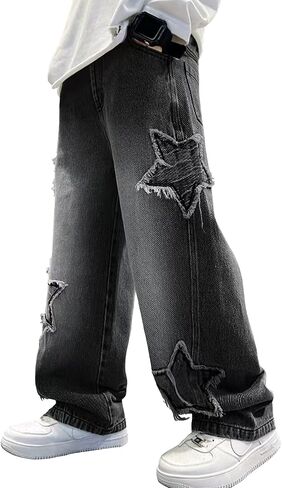 Happy Cherry Boys Borgy Star Denim Pants تسحب الجينز المرن على عريض الساق جينز شحن خمر مع جيوب in Kuwait