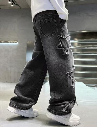 Happy Cherry Boys Borgy Star Denim Pants تسحب الجينز المرن على عريض الساق جينز شحن خمر مع جيوب in Kuwait