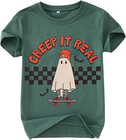 Girls Boys Halloween Shirt Cute Ghost Tshirt Creep It Real Short Sleeve Tee Tops Kids Spooky Season Fall Outfits in Saudi Arabia