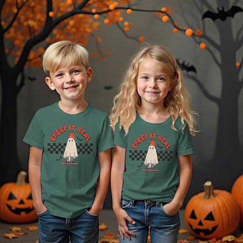Girls Boys Halloween Shirt Cute Ghost Tshirt Creep It Real Short Sleeve Tee Tops Kids Spooky Season Fall Outfits in Saudi Arabia