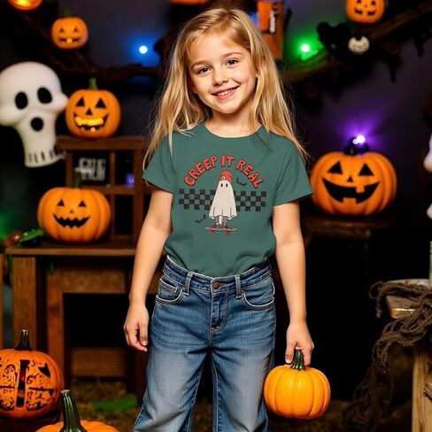Girls Boys Halloween Shirt Cute Ghost Tshirt Creep It Real Short Sleeve Tee Tops Kids Spooky Season Fall Outfits in Saudi Arabia