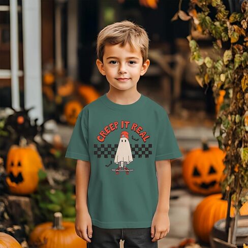 Girls Boys Halloween Shirt Cute Ghost Tshirt Creep It Real Short Sleeve Tee Tops Kids Spooky Season Fall Outfits in Saudi Arabia