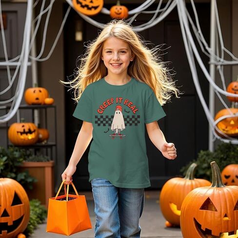 Girls Boys Halloween Shirt Cute Ghost Tshirt Creep It Real Short Sleeve Tee Tops Kids Spooky Season Fall Outfits in Saudi Arabia
