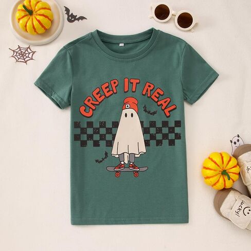 Girls Boys Halloween Shirt Cute Ghost Tshirt Creep It Real Short Sleeve Tee Tops Kids Spooky Season Fall Outfits in Saudi Arabia