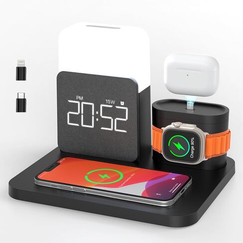 3 in 1 Charging Station for iPhone, Alarm Clock, Night Light, Wireless Charger for iPhone 15 14 13 12 11 X Pro Max & Apple Watch - Charging Stand Dock for AirPods in Saudi Arabia