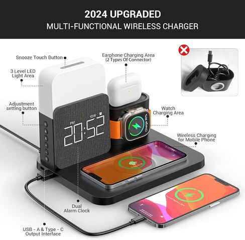 3 in 1 Charging Station for iPhone, Alarm Clock, Night Light, Wireless Charger for iPhone 15 14 13 12 11 X Pro Max & Apple Watch - Charging Stand Dock for AirPods in Saudi Arabia